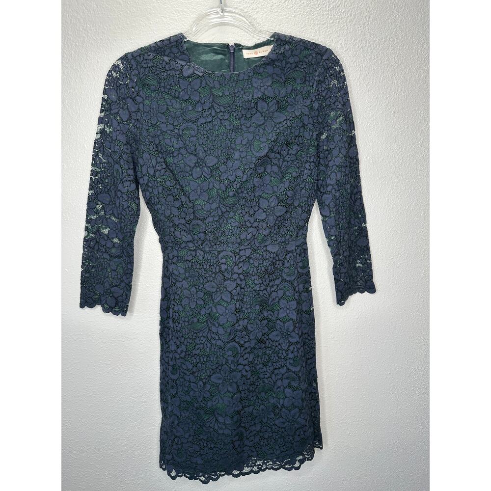 Tory Burch Black Lace with Green Contrast Underlay Jewel Neckline Dress 2